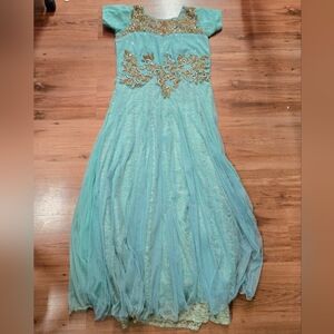Elegant Aqua Gown with Gold Embellishments